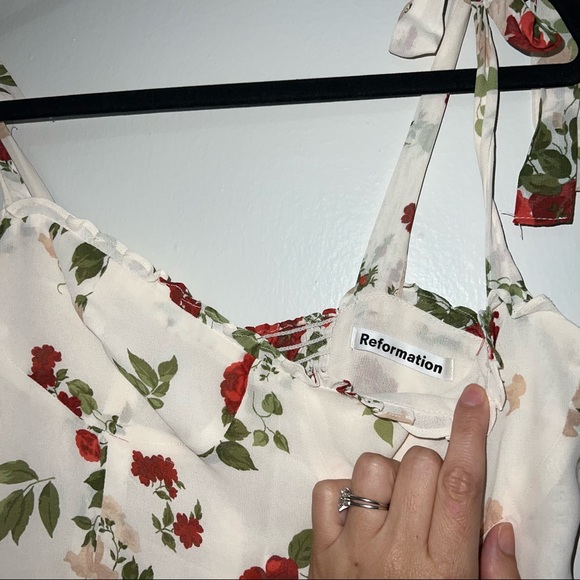 Reformation Christine Ruffled Floral-Print Maureen Mini Dress Cream Sz 8 - Picture 4 of 7